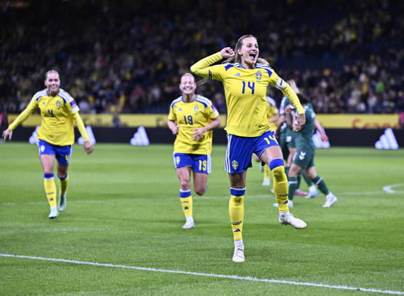 Sweden s Nathalie Björn celebrates after scoring a 1-0 goal during the 2027 Women s World Cup playoff soccer match between Sweden and Lithuania at Strawberry Arena in Stockholm, Sweden, on October 13, 2026. STOCKHOLM, SWEDEN x10050x  Copyright: xPontusxLundahl TTx WORLD CUP QUALIFIER SWEDEN-LITHUANIA