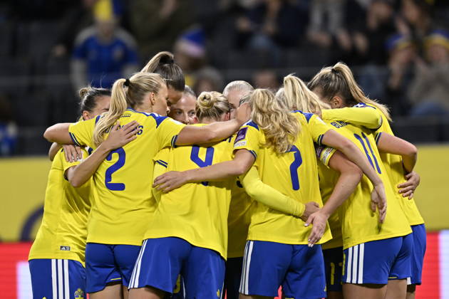 Sweden s team celebrates the 2-0 goal during the 2027 Women s World Cup playoff soccer match between Sweden and Lithuania at Strawberry Arena in Stockholm, Sweden, on October 13, 2026. STOCKHOLM, SWEDEN x10050x  Copyright: xPontusxLundahl TTx WORLD CUP QUALIFIER SWEDEN-LITHUANIA