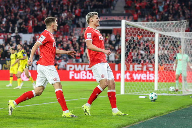 Soccer, 3rd Division, Matchday 9: Rot Weiss Essen vs. Fortuna Köln on October 13, 2026, at the Stadion an der Hafenstraße in Essen. Celebration of the 1-0 goal by Marek Janssen (Essen). DFB regulations prohibit any use of photographs as image sequences and or quasi-video. xJRx