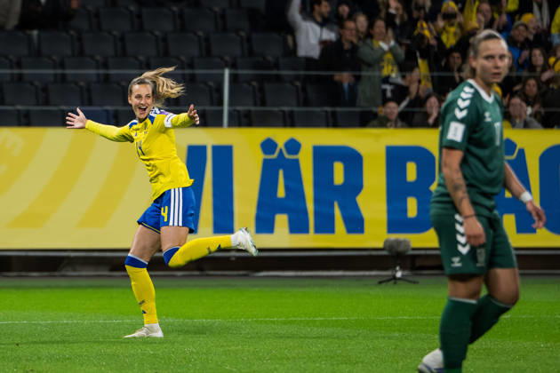 October 13, 2026: Nathalie Björn of Sweden celebrates after scoring the 1-0 goal during the FIFA Women’s World Cup qualifying playoff soccer match between Sweden and Lithuania on October 13, 2026 in Stockholm. Photo by Jesper Zerman, BILDBYRÅN, code JZ JZ0769; soccer, football, soccer, World Cup qualifiers, FIFA Women’s World Cup qualifier, Sweden, Lithuania, women’s soccer, celebration  Copyright: JESPERxZERMAN BB261013JZ050