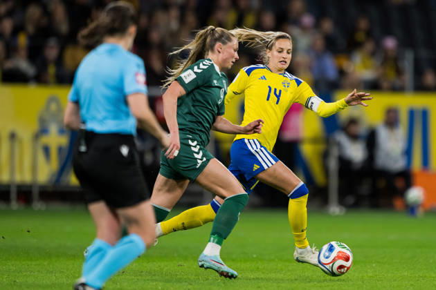 October 13, 2026: Rimante Jonusaite of Lithuania and Nathalie Björn of Sweden during the FIFA Women’s World Cup qualifying playoff soccer match between Sweden and Lithuania on October 13, 2026 in Stockholm. Photo by Jesper Zerman, BILDBYRÅN, code JZ JZ0769. soccer, football, World Cup qualifier, FIFA Women’s World Cup qualifier, Sweden, Lithuania, women’s soccer, BBENG, Lithuania  Copyright: JESPERxZERMAN BB261013JZ051