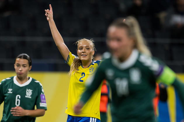 October 13, 2026: Smilla Holmberg of Sweden celebrates after scoring the 3-0 goal during the FIFA Women’s World Cup qualifying playoff soccer match between Sweden and Lithuania on October 13, 2026 in Stockholm. Photo by Jesper Zerman, BILDBYRÅN, code JZ JZ0769. soccer, football, World Cup qualifier, FIFA Women’s World Cup qualifier, Sweden, Lithuania, women’s soccer, celebration  Copyright: JESPERxZERMAN BB261013JZ054
