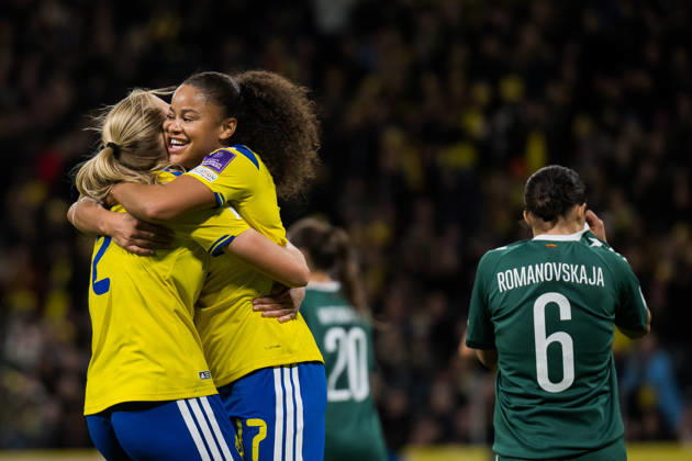 October 13, 2026: Smilla Holmberg and Felicia Schröder of Sweden celebrate after scoring 3–0 during the FIFA Women’s World Cup qualifying playoff soccer match between Sweden and Lithuania on October 13, 2026 in Stockholm. Photo by Emma Wallskog, BILDBYRÅN, code EW JZ0769. soccer, football, soccer, World Cup qualifiers, FIFA Women’s World Cup qualifier, Sweden, Lithuania, women’s soccer, celebration  Copyright: EMMAxWALLSKOG BB261013EW030
