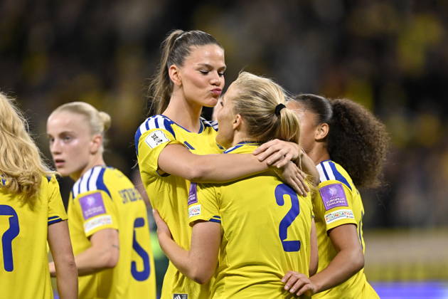 STOCKHOLM, SWEDEN, October 13, 2026 — Sweden s Smilla Homberg is congratulated on her 3-0 goal by Bella Andersson during Tuesday s soccer match, a World Cup playoff between Sweden and Lithuania, at Strawberry Arena, STOCKHOLM, SWEDEN x10050x  Copyright: xPontusxLundahl TTx WORLD CUP PLAYOFF SWEDEN-LITHUANIA