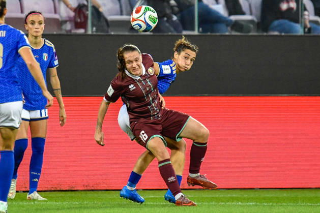 SOCCER - FIFA World Cup, WM, Weltmeisterschaft, Fussball - 2027 Women s European Qualifiers Playoffs - Italy vs. Belarus Photo by IPA ABACAPRESS.COM89640925 - Melana Surovtseva (Belarus) battles for the ball against Angelica Soffia (Italy) during the 2027 Women s European Qualifiers Playoff—Italy vs. Belarus, a FIFA World Cup match in Florence, Italy, on October 13, 2026 Florence Italy  Copyright: xIPAxSport ABACAx
