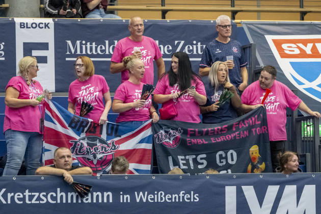 ENBL 2026–2027 Syntainics MBC vs. Bristol Flyers Weissenfels, Germany, October 13, 2026 Pictured: Bristol Flyers fans who traveled to the game Weissenfels City Hall, Saxony-Anhalt, Germany