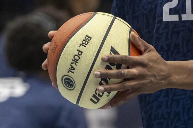 ENBL 2026–2027 Syntainics MBC vs. Bristol Flyers Weissenfels, Germany October 13, 2026 Pictured: game ball, basketball, feature, symbol, stock photo, characteristic, detail, Weissenfels City Hall, Saxony-Anhalt, Germany
