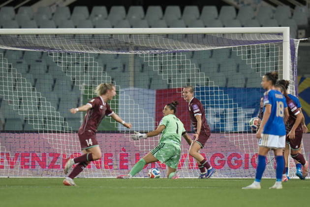 Belarus s Karyna Alkhovik goal 1-1 during the Women s European Qualifiers 2027 play-off round 1 second leg soccer match between Italy and Belarus at the Artemio Franchi Stadium in Florence, Italy - Tuesday, October 13, 2026 -  Copyright: xMassimoxPaolone LaPressex