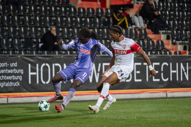 October 13, 2026, xjyhynx, Soccer 3rd Division, VfB Stuttgart U23 vs. TSG Hoffenheim II, from left: Blessing Makanda 17, TSG Hoffenheim II vs. Joyeux Masanka Bungi 24, VfB Stuttgart II vs. Aspach