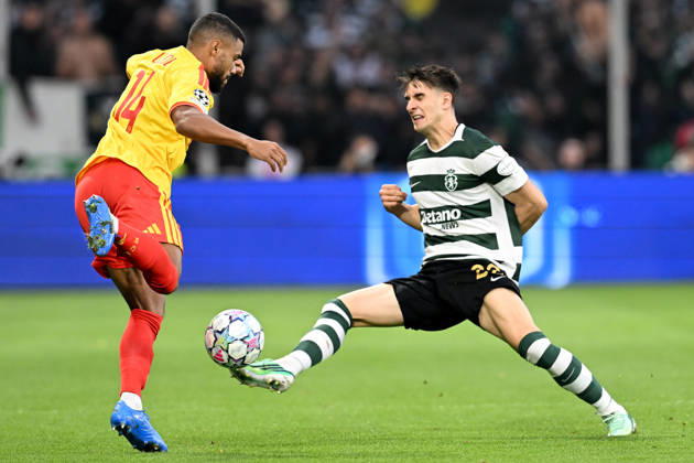 261013 RC Lens vs Sporting CP Matthieu Udol (14) of RC Lens fighting for the ball with Ivan Fresneda (22) of Sporting CP during the Uefa Champions League matchday 2 game in the League phase in season 2026 - 2027 between Racing Club de Lens and Sporting CP Lisbon on October 13 , 2026 in Lens, France. (Photo by David Catry Sportpix) Lens Stade Bollaert Delelis France  Copyright: xSportpixxDavidxCatryx