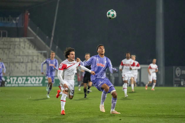October 13, 2026, xjyhynx, Soccer 3rd Division, VfB Stuttgart U23 vs. TSG Hoffenheim II, from left: Veit Stange 31, VfB Stuttgart II in a tackle with Tristan Spranger 13, TSG Hoffenheim II Aspach