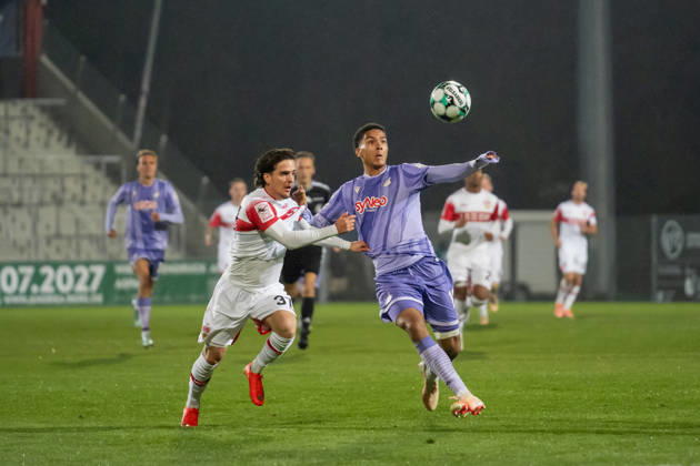 October 13, 2026, xjyhynx, Soccer 3rd Division, VfB Stuttgart U23 vs. TSG Hoffenheim II, from left: Veit Stange 31, VfB Stuttgart II in a tackle with Tristan Spranger 13, TSG Hoffenheim II Aspach