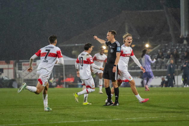 October 13, 2026, xjyhynx, Soccer 3rd Division, VfB Stuttgart U23 vs. TSG Hoffenheim II, from left: Lauri Penna celebrating a goal (7), VfB Stuttgart II, Nicolas Sessa 10, VfB Stuttgart II and Tim van der Leij 9, VfB Stuttgart II after the 3–2 goal by the latter against Aspach