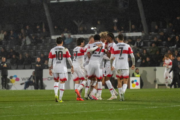 October 13, 2026, xjyhynx, Soccer 3rd Division, VfB Stuttgart U23 vs. TSG Hoffenheim II, from left: goal celebration after Nicolas Sessa s goal to make it 3–2 (10), VfB Stuttgart II, David Preu (37), VfB Stuttgart II, Jarzinho Malanga 27, VfB Stuttgart II, Joyeux Masanka Bungi 24, VfB Stuttgart II, and Lauri Penna 7, VfB Stuttgart II Aspach