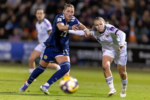 Scotland Women v Czech Republic Women, FIFA Women s World UEFA Cup, Play Off Semi Final Kathleen McGovern of Scotland national team, Nationalteam getrs held off by Lucie Bendova of Czechia during the FIFA Women s World UEFA Cup Qualifying 1st round 2nd leg Semi Final Play Off. Scotland vs Czechia, Marbill Coaches Stadium, Paisley, Renfrewshire, Scotland, 13 October 2026 Paisley Marbill Coaches Stadium Renfrewshire Scotland Editorial use only , Copyright: xColinxPoultneyx PSI-25000-0024