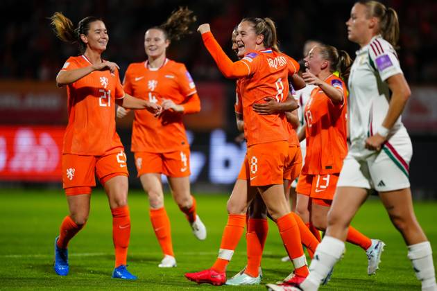 TILBURG , 13-10-2026 , Koning Willem II Stadium , season 2026 2027 , UEFA World Cup Qualification play-offs football , match between The Netherlands and Hungary (women) , picture shows goal celebration Netherlands players scored by Netherlands player Esmee Brugts Netherlands - Hungary (women)  x208295518x Copyright: