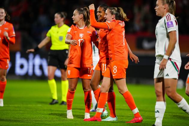 TILBURG , 13-10-2026 , Koning Willem II Stadium , season 2026 2027 , UEFA World Cup Qualification play-offs football , match between The Netherlands and Hungary (women) , picture shows goal celebration Netherlands players scored by Netherlands player Esmee Brugts Netherlands - Hungary (women)  x208295519x Copyright: