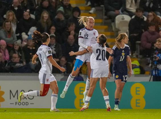 Czechia captain Klara Cahynova celebrates scoring with a header to give Czechia a 1-2 lead (Agg. 3-2). Scotland Women v Czechia, Women s European World Cup Qualifier, Football, The Marbill Coaches Stadium, Paisley, Scotland, UK - 13 Oct 2026Paisley The Marbill Coaches Stadium Scotland United Kingdom  Copyright: xStuartxWallace Shutterstockx 17214114al