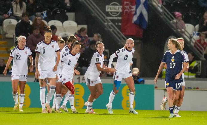 Czechia captain Klara Cahynova celebrates scoring with a header to give Czechia a 1-2 lead (Agg. 3-2). Scotland Women v Czechia, Women s European World Cup Qualifier, Football, The Marbill Coaches Stadium, Paisley, Scotland, UK - 13 Oct 2026Paisley The Marbill Coaches Stadium Scotland United Kingdom  Copyright: xStuartxWallace Shutterstockx 17214114an