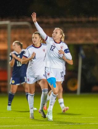 Czechia captain Klara Cahynova celebrates scoring with a header to give Czechia a 1-2 lead (Agg. 3-2). Scotland Women v Czechia, Women s European World Cup Qualifier, Football, The Marbill Coaches Stadium, Paisley, Scotland, UK - 13 Oct 2026Paisley The Marbill Coaches Stadium Scotland United Kingdom  Copyright: xStuartxWallace Shutterstockx 17214114av