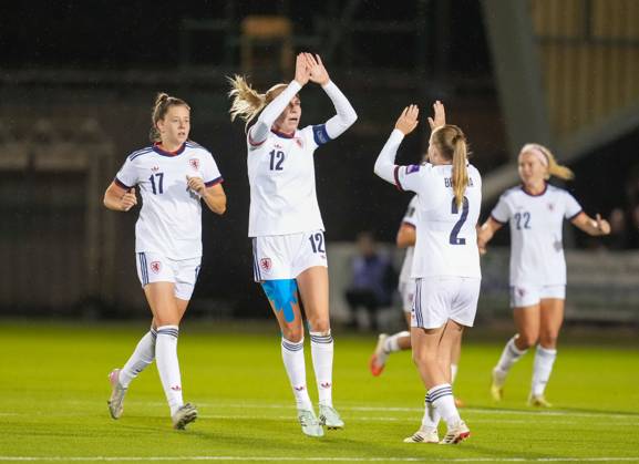 Czechia captain Klara Cahynova celebrates scoring with a header to give Czechia a 1-2 lead (Agg. 3-2). Scotland Women v Czechia, Women s European World Cup Qualifier, Football, The Marbill Coaches Stadium, Paisley, Scotland, UK - 13 Oct 2026Paisley The Marbill Coaches Stadium Scotland United Kingdom  Copyright: xStuartxWallace Shutterstockx 17214114ax
