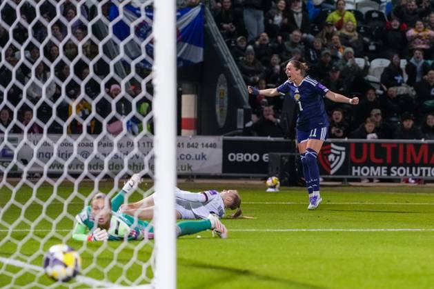 Kathleen McGovern of Scotland scores to tie the game 2-2 (Agg. 4-2). Scotland Women v Czechia, Women s European World Cup Qualifier, Football, The Marbill Coaches Stadium, Paisley, Scotland, UK - 13 Oct 2026Paisley The Marbill Coaches Stadium Scotland United Kingdom  Copyright: xStuartxWallace Shutterstockx 17214114bd