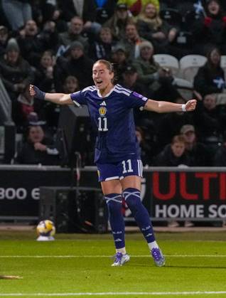 Kathleen McGovern of Scotland celebrates scoring to tie the game 2-2 (Agg. 4-2). Scotland Women v Czechia, Women s European World Cup Qualifier, Football, The Marbill Coaches Stadium, Paisley, Scotland, UK - 13 Oct 2026Paisley The Marbill Coaches Stadium Scotland United Kingdom  Copyright: xStuartxWallace Shutterstockx 17214114be