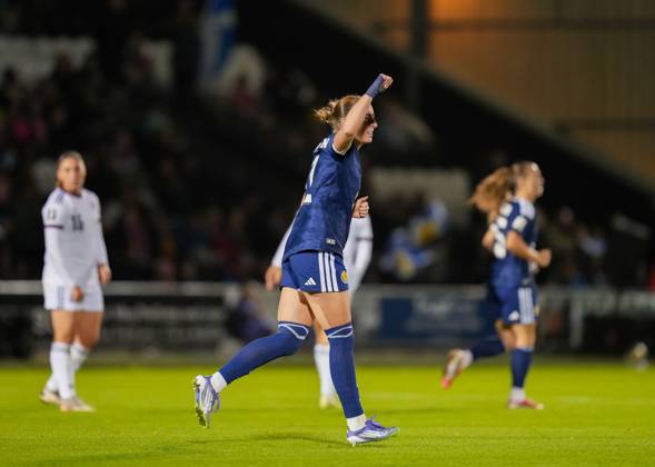 Kathleen McGovern of Scotland celebrates scoring to tie the game 2-2 (Agg. 4-2). Scotland Women v Czechia, Women s European World Cup Qualifier, Football, The Marbill Coaches Stadium, Paisley, Scotland, UK - 13 Oct 2026Paisley The Marbill Coaches Stadium Scotland United Kingdom  Copyright: xStuartxWallace Shutterstockx 17214114bj