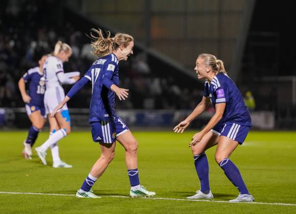 Christy Grimshaw of Scotland celebrates with team mate Amy Muir after scoring to give Scotland a 3-2 (Agg. 5-2). Scotland Women v Czechia, Women s European World Cup Qualifier, Football, The Marbill Coaches Stadium, Paisley, Scotland, UK - 13 Oct 2026Paisley The Marbill Coaches Stadium Scotland United Kingdom  Copyright: xStuartxWallace Shutterstockx 17214114bt