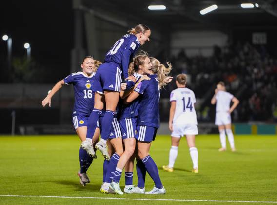 Christy Grimshaw of Scotland celebrates with team mates after scoring to give Scotland a 3-2 (Agg. 5-2). Scotland Women v Czechia, Women s European World Cup Qualifier, Football, The Marbill Coaches Stadium, Paisley, Scotland, UK - 13 Oct 2026Paisley The Marbill Coaches Stadium Scotland United Kingdom  Copyright: xStuartxWallace Shutterstockx 17214114bv