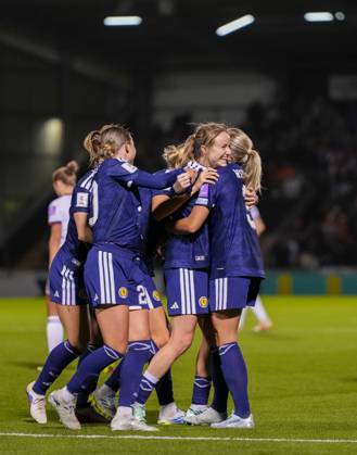 Christy Grimshaw of Scotland celebrates with team mates after scoring to give Scotland a 3-2 (Agg. 5-2). Scotland Women v Czechia, Women s European World Cup Qualifier, Football, The Marbill Coaches Stadium, Paisley, Scotland, UK - 13 Oct 2026Paisley The Marbill Coaches Stadium Scotland United Kingdom  Copyright: xStuartxWallace Shutterstockx 17214114bw
