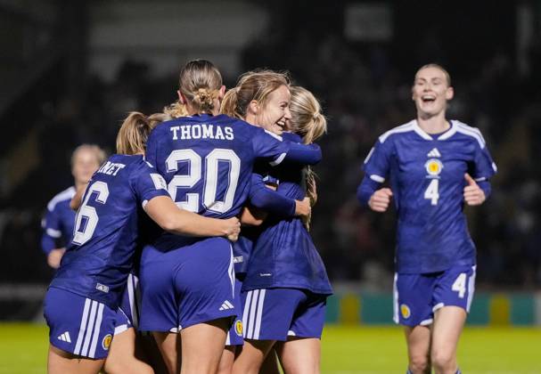 Christy Grimshaw of Scotland celebrates with team mates after scoring to give Scotland a 3-2 (Agg. 5-2). Scotland Women v Czechia, Women s European World Cup Qualifier, Football, The Marbill Coaches Stadium, Paisley, Scotland, UK - 13 Oct 2026Paisley The Marbill Coaches Stadium Scotland United Kingdom  Copyright: xStuartxWallace Shutterstockx 17214114bx