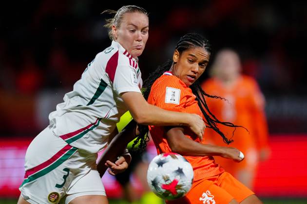 TILBURG , 13-10-2026 , Koning Willem II Stadium , season 2026 2027 , UEFA World Cup Qualification play-offs football , match between The Netherlands and Hungary (women) , picture shows Hungary player Laura Palakovics and Netherlands player Esmee Brugts Netherlands - Hungary (women)  x208306315x Copyright: