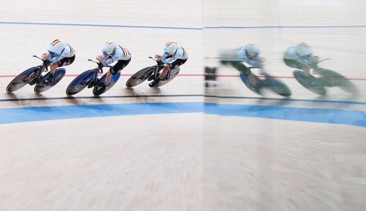 Belgian team with Belgian Katrijn De Clercq, Belgian Shari Bossuyt, Belgian Helene Hesters and Belgium Belgian Luca Vierstraete pictured in action during the Women™s Scratch event at the UCI Track cycling, Rad, Radsport, Bahnrad, Bahn World Championships in Shanghai, China on Wednesday 14 October 2026. The worlds are taking place from 14 to 18 October 2026. BENOITxDOPPAGNE  x189755357x