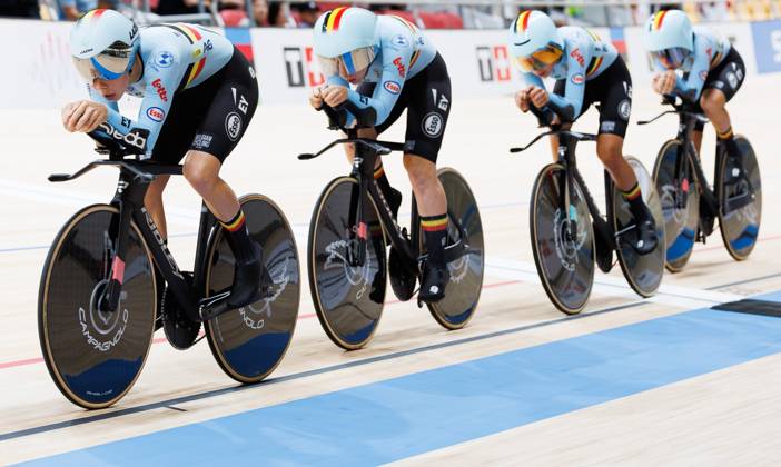 Belgian team with Belgian Katrijn De Clercq, Belgian Shari Bossuyt, Belgian Helene Hesters and Belgium Belgian Luca Vierstraete pictured in action during the Women™s Scratch event at the UCI Track cycling, Rad, Radsport, Bahnrad, Bahn World Championships in Shanghai, China on Wednesday 14 October 2026. The worlds are taking place from 14 to 18 October 2026. BENOITxDOPPAGNE  x189755340x