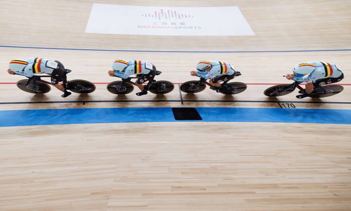 Belgian Noah Vandenbranden; Belgian Gianluca Pollefliet; Belgian Witse Bertels and Belgian Tuur Dens are pictured in action during the Men™s Team Pursuit event at the UCI Track cycling, Rad, Radsport, Bahnrad, Bahn World Championships in Shanghai, China on Wednesday 14 October 2026. The worlds are taking place from 14 to 18 October 2026. BENOITxDOPPAGNE  x189757211x