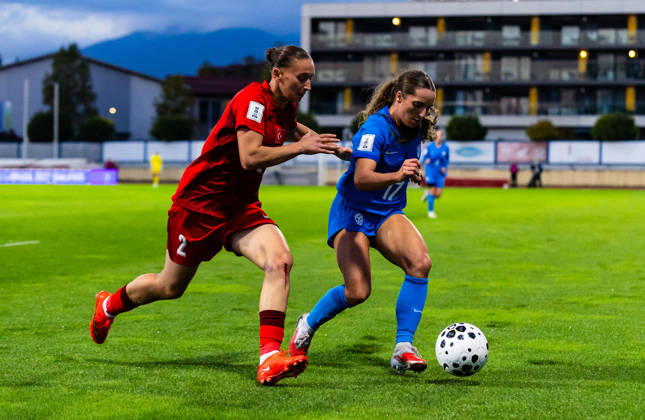 SOCCER - FIFA World Cup, WM, Weltmeisterschaft, Fussball - Women s Qualifiers - Slovenia vs. Turkey Photo by IPA ABACAPRESS.COM89666614 - Meryem Kocukbirinci of Turkey (TUR) vs. Izabela Krizaj of Slovenia (SLO) during a soccer match between Slovenia (SLO) and Turkey (TUR) in Round 1 of the Playoffs of the 2027 FIFA Women s European Qualifiers at Domzale Stadium, Domžale, Slovenia, on October 13, 2026. Photo by Nik Moder Moder Photo Agency during the Women’s Qualifiers—Slovenia vs. Turkey, a FIFA World Cup match on October 13, 2026  Copyright: xIPAxSport ABACAx