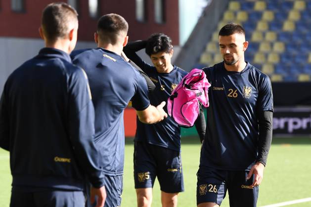 STVV s Visar Musliu pictured during a training session of Belgian soccer team Sint-Truidense VV, Wednesday 14 October 2026 in Sint-Truiden. The team is preparing for the opening match of the UEFA Conference League league phase against Georgian FC Iberia 1999 Tbilisi tomorrow. JILLxDELSAUX  x189775336x