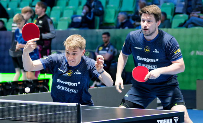 Kristian Karlsson and Anton Kallberg of Sweden (photo ms5372) at the 2026 European Table Tennis Championships in Ljubljana LJUBLJANA, SLOVENIA, OCTOBER 14, 2026 Kristian Karlsson and Anton Kallberg of Sweden (photo ms5372) in action at the European Table Tennis Championships at Stozice Arena in Ljubljana, Slovenia; Ljubljana, Stozice Arena, Slovenia