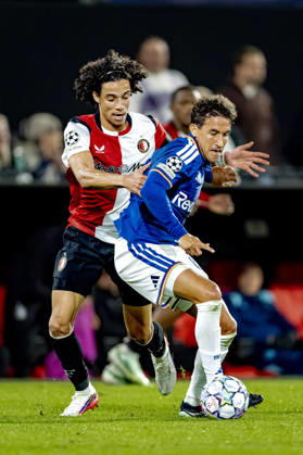 ROTTERDAM: Feyenoord midfielder Gjivai Zechiël and Como defender Kaiki Bruno during the UEFA Champions League match between Feyenoord and Como at De Kuip on October 14, 2026, in Rotterdam, Netherlands. Photo by DeFodi Images