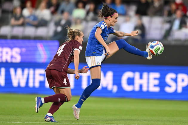 RECORD DATE NOT STATED 13th October 2026; Stadio Artemio Franchi, Florence, Italy; Womens WC Qualification Europe Football, Italy versus Belarus; Anastasiya Shlapakova of Belarus and Barbara Bonansea of Italy DomenicoxCippitelli