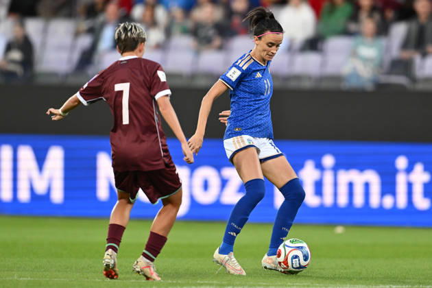 RECORD DATE NOT STATED 13th October 2026; Stadio Artemio Franchi, Florence, Italy; Womens WC Qualification Europe Football, Italy versus Belarus; Valeriya Belaya of Belarus and Barbara Bonansea of Italy DomenicoxCippitelli