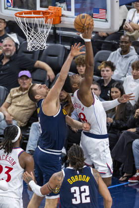 October 14, 2026, Inglewood, California, USA: Los Angeles Clippers Rui Hachimura (28) shoots under pressure from Denver Nuggets Nikola JokiÄ¡ (15) during an NBA, Basketball Herren, USA preseason game at Intuit Dome on Wednesday, Oct. 14, 2026 in Inglewood Calf. NBA 2026: Clippers Vs Nuggets  - ZUMAc68_ 20261014_zaf_c68_023 Copyright: xRingoxChiux
