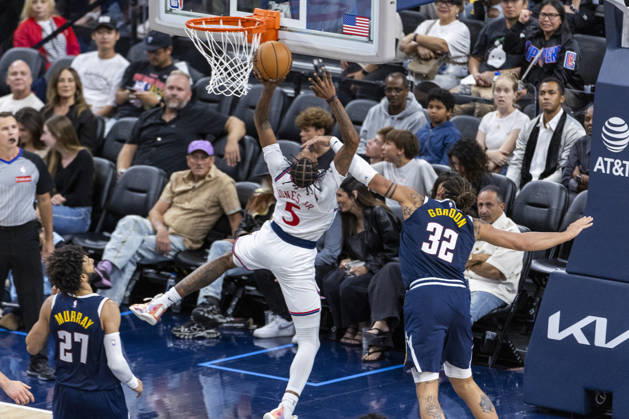 October 14, 2026, Inglewood, California, USA: Los Angeles Clippers Derrick Jones Jr. (5) is fouled by Denver Nuggets Aaron Gordon (32) during an NBA, Basketball Herren, USA preseason game at Intuit Dome on Wednesday, Oct. 14, 2026 in Inglewood Calf. NBA 2026: Clippers Vs Nuggets  - ZUMAc68_ 20261014_zaf_c68_024 Copyright: xRingoxChiux