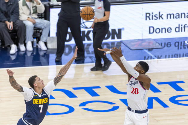 October 14, 2026, Inglewood, California, USA: Los Angeles Clippers Rui Hachimura (28) shoots against Denver Nuggets Trevon Brazile (7) during an NBA, Basketball Herren, USA preseason game on Wednesday, Oct. 14, 2026 in Inglewood Calf. NBA 2026: Clippers Vs Nuggets  - ZUMAc68_ 20261014_zaf_c68_030 Copyright: xRingoxChiux