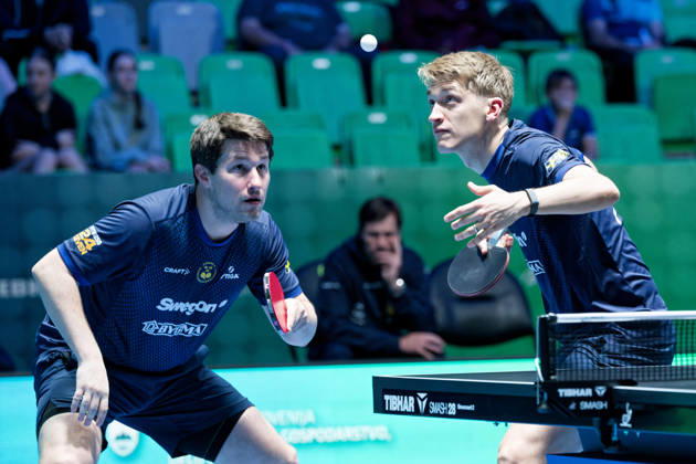Kristian Karlsson and Anton Kallberg of Sweden (photo ms6253b) at the European Table Tennis Championships in Ljubljana, Slovenia LJUBLJANA, SLOVENIA OCTOBER 15, 2026 Kristian Karlsson and Anton Kallberg of Sweden (photo ms6253b) advance to the semifinals of the European Table Tennis Championships at the Stozice Arena in Ljubljana, Slovenia Ljubljana Stozice Arena Slovenia