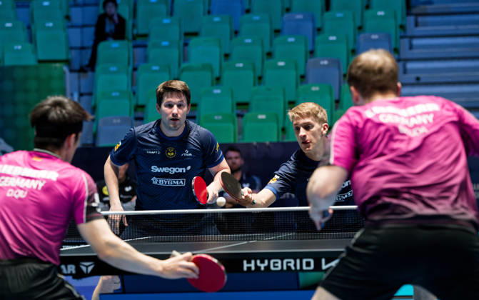Kristian Karlsson and Anton Kallberg of Sweden (photo ms6254b) at the European Table Tennis Championships in Ljubljana, Slovenia LJUBLJANA, SLOVENIA OCTOBER 15, 2026 Kristian Karlsson and Anton Kallberg of Sweden (photo ms6254b) advance to the semifinals of the European Table Tennis Championships at the Stozice Arena in Ljubljana, Slovenia Ljubljana Stozice Arena Slovenia