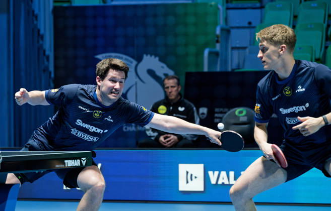 Kristian Karlsson and Anton Kallberg of Sweden (photo ms6257b) at the European Table Tennis Championships in Ljubljana, Slovenia LJUBLJANA, SLOVENIA OCTOBER 15, 2026 Kristian Karlsson and Anton Kallberg of Sweden (photo ms6257b) advance to the semifinals of the European Table Tennis Championships at the Stozice Arena in Ljubljana, Slovenia Ljubljana Stozice Arena Slovenia