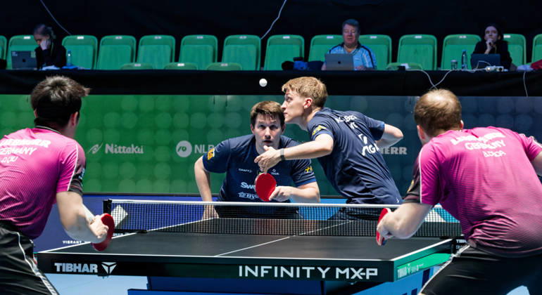 Kristian Karlsson and Anton Kallberg of Sweden (photo ms6258b) at the European Table Tennis Championships in Ljubljana, Slovenia LJUBLJANA, SLOVENIA OCTOBER 15, 2026 Kristian Karlsson and Anton Kallberg of Sweden (photo ms6258b) advance to the semifinals of the European Table Tennis Championships at the Stozice Arena in Ljubljana, Slovenia Ljubljana Stozice Arena Slovenia