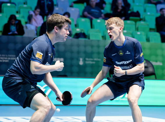 Kristian Karlsson and Anton Kallberg of Sweden (photo ms6262b) at the European Table Tennis Championships in Ljubljana, Slovenia LJUBLJANA, SLOVENIA OCTOBER 15, 2026 Kristian Karlsson and Anton Kallberg of Sweden (photo ms6262b) advance to the semifinals of the European Table Tennis Championships at the Stozice Arena in Ljubljana, Slovenia Ljubljana Stozice Arena Slovenia